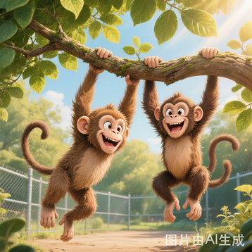 I see monkeys. The monkeys play.