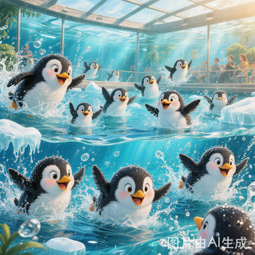 I see penguins. The penguins swim.